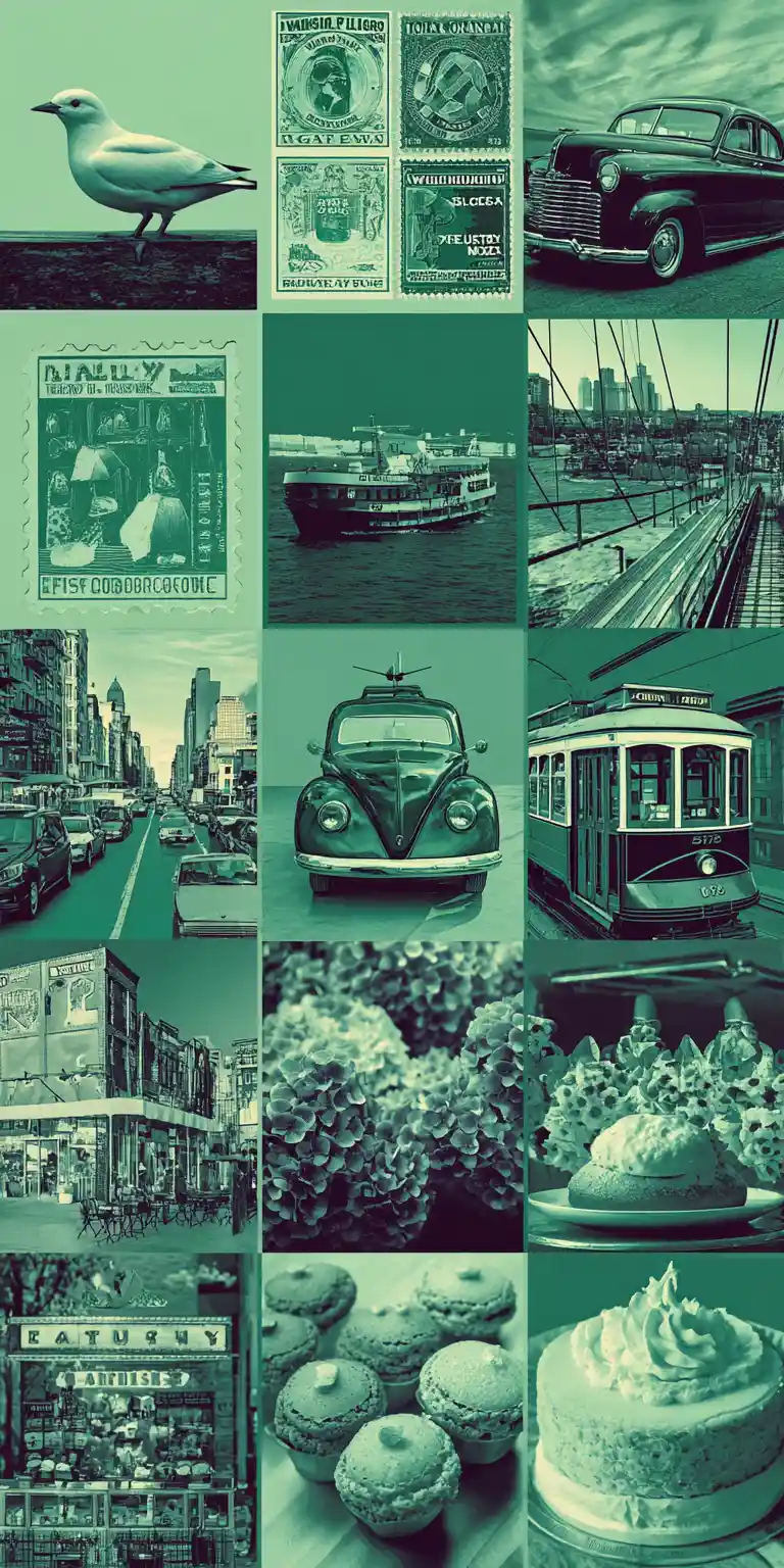 Stencil collage of urban scenes in mint green tones