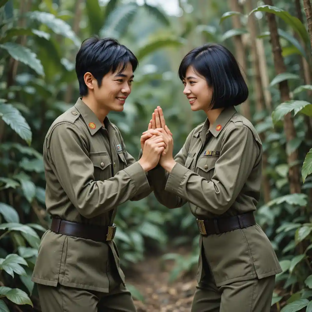 Échauffement ludique entre soldats vietnamiens dans la jungle