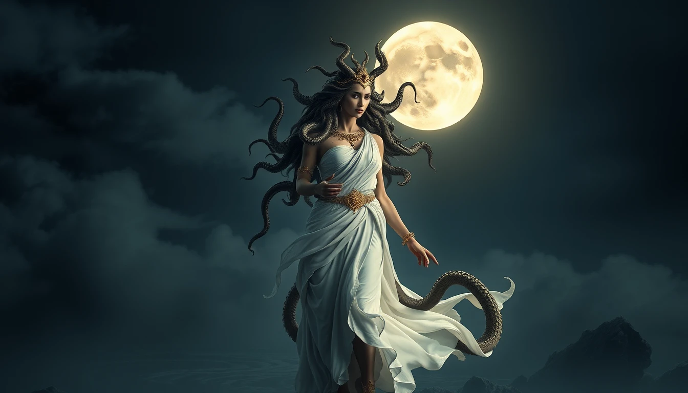 Medusa de blanco y dorado caminando bajo la brillante luz de la luna