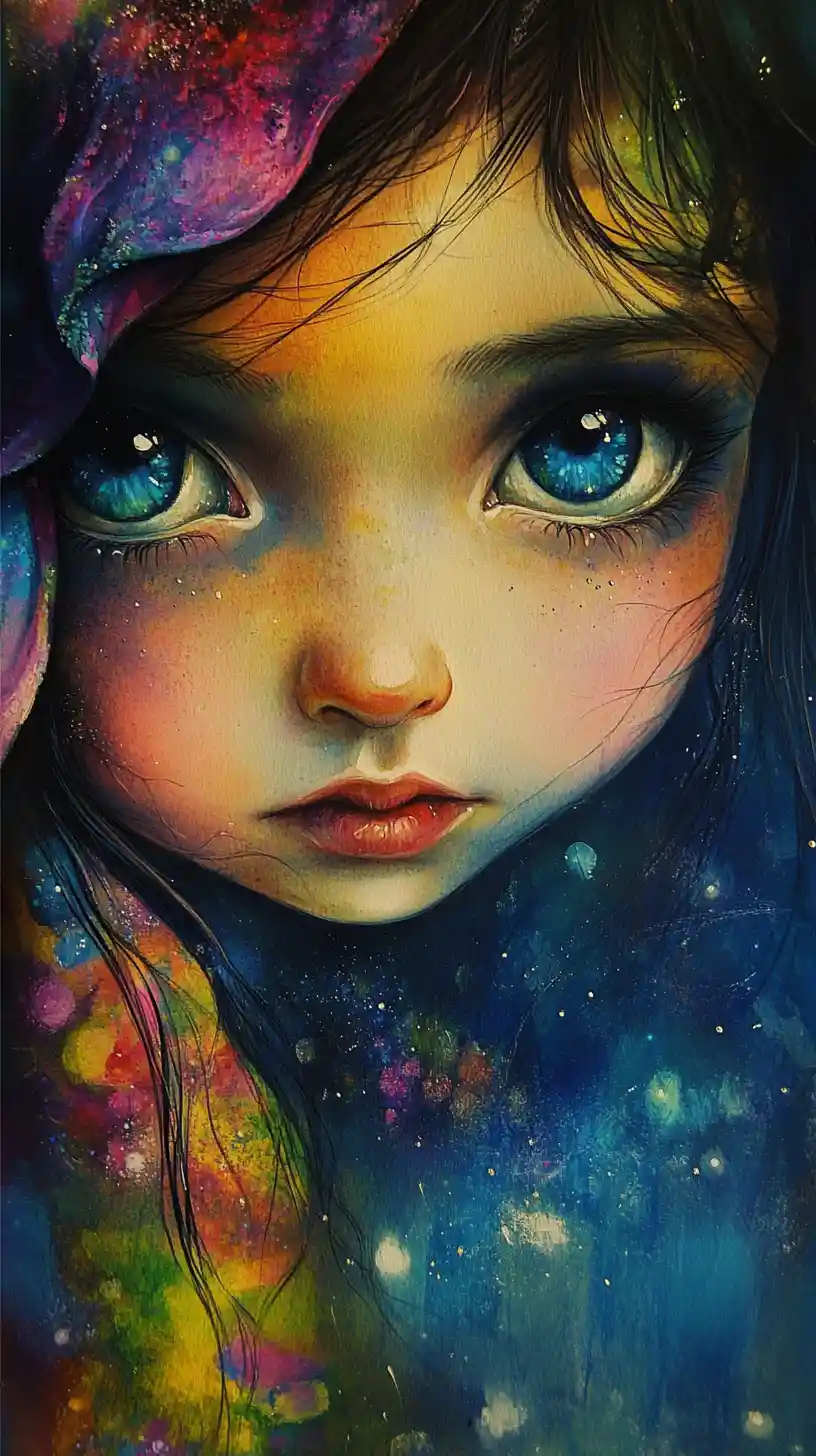Baby animal portrait with glowing gradient eyes and sparkles