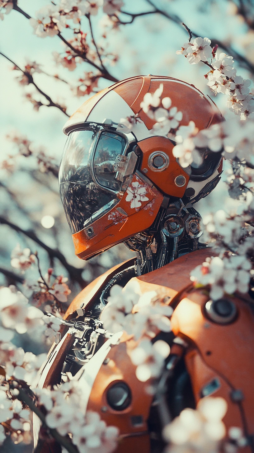 Android futuristico che riposa tra morbidi fiori di ciliegio