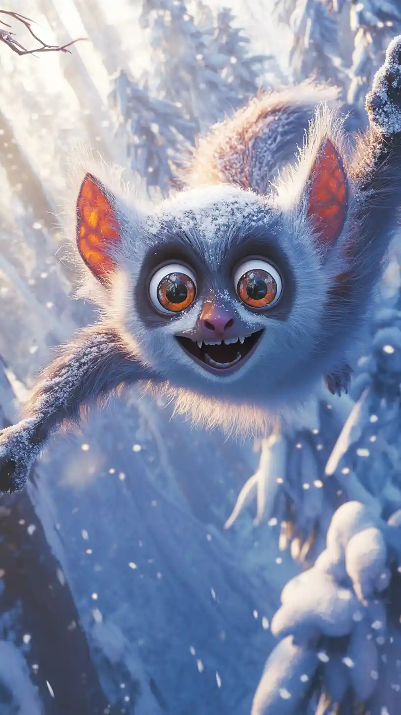 歡快的眼鏡猴在寧靜雪景上空滑翔