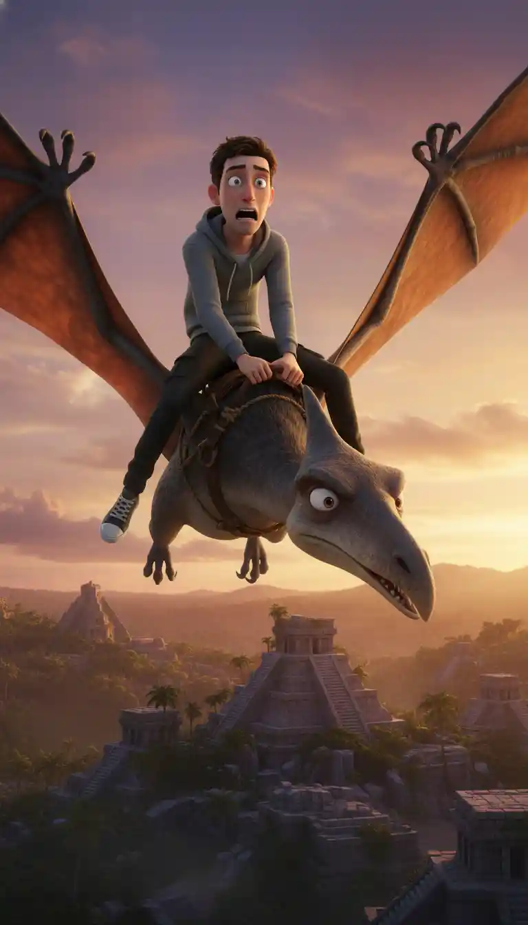 Man riding a pterodactyl above sunset temple ruins