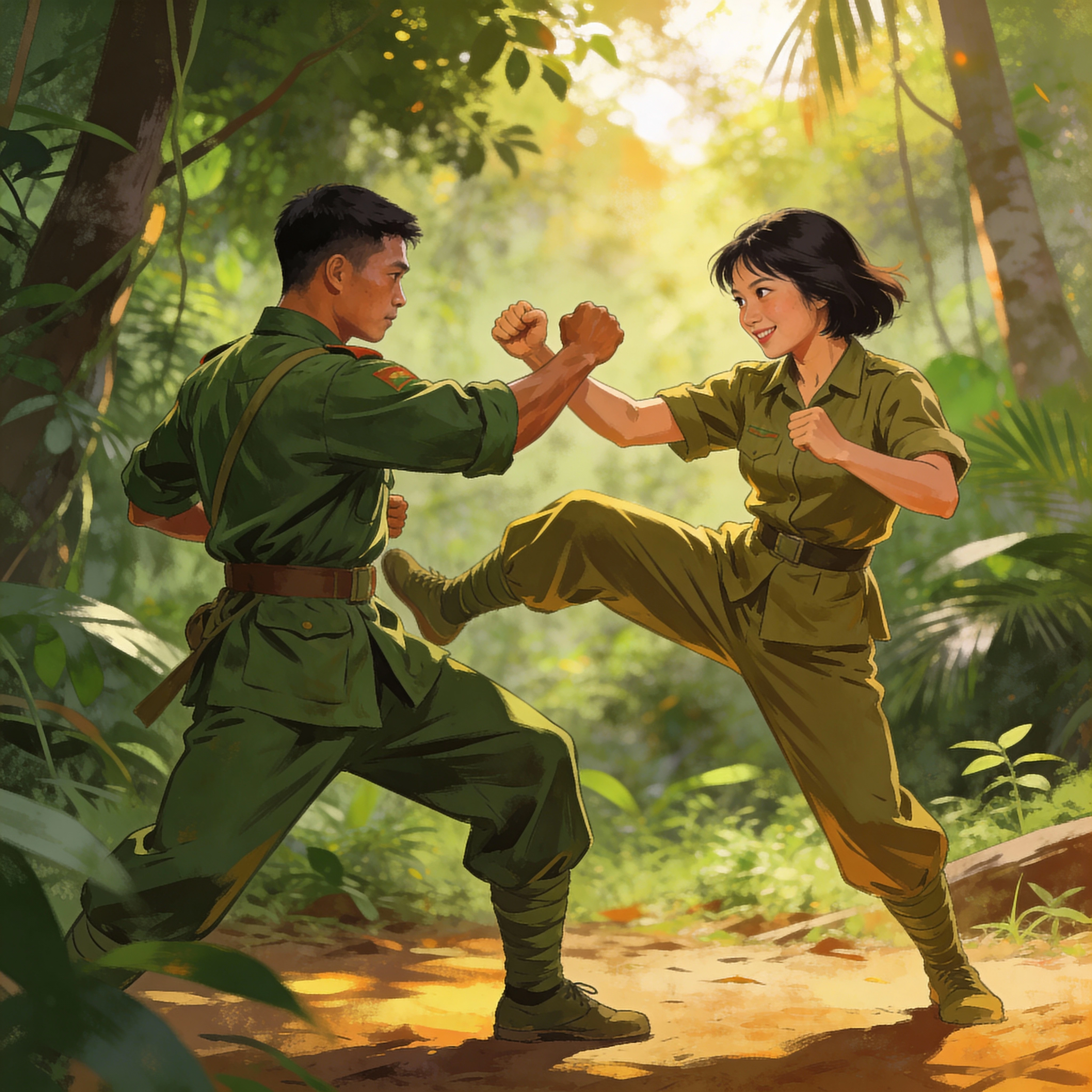 Treinamento amistoso de combate corpo a corpo entre dois soldados vietnamitas