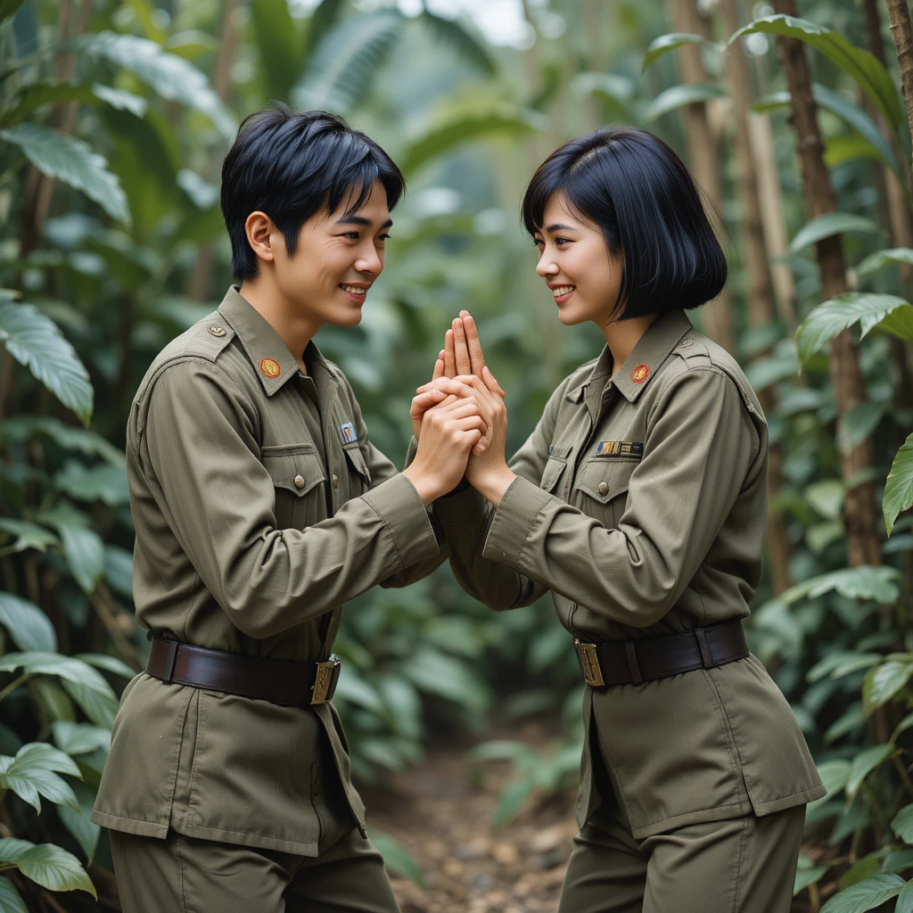 Brincadeira de sparring entre soldados vietnamitas na selva