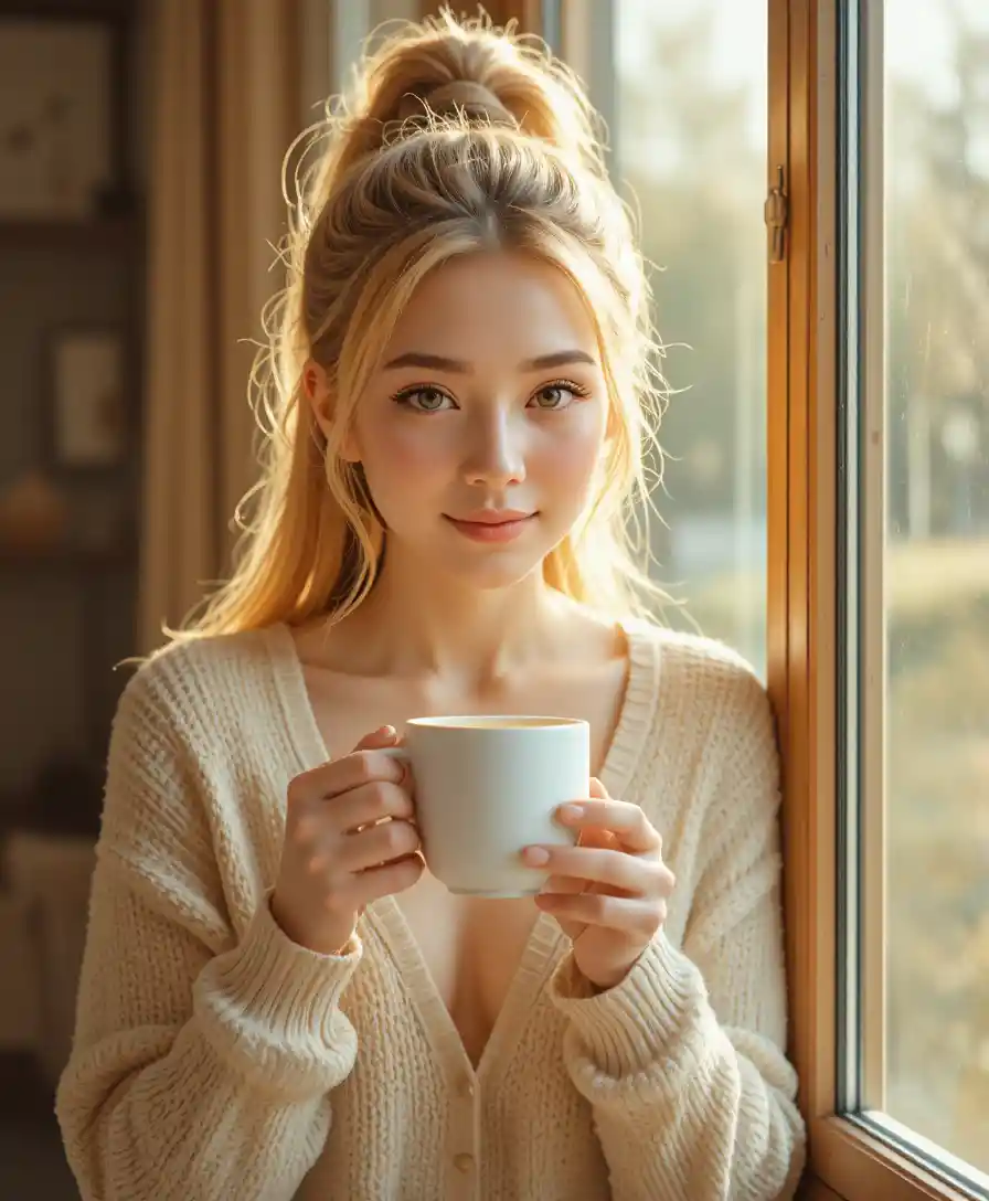 Accogliente donna bionda con caffè accanto a una finestra illuminata dal sole