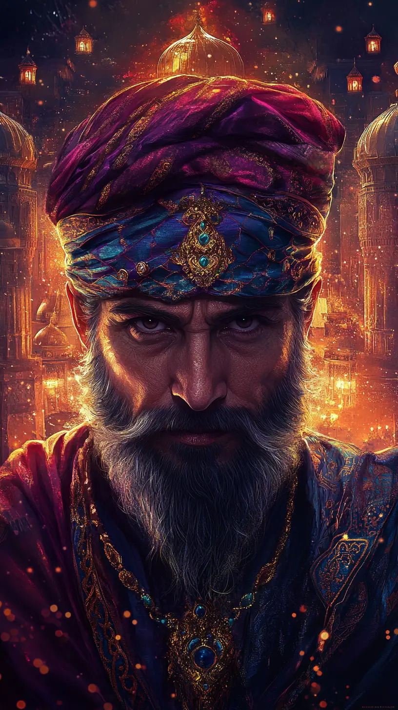 Close up portrait of a powerful oriental bearded genie