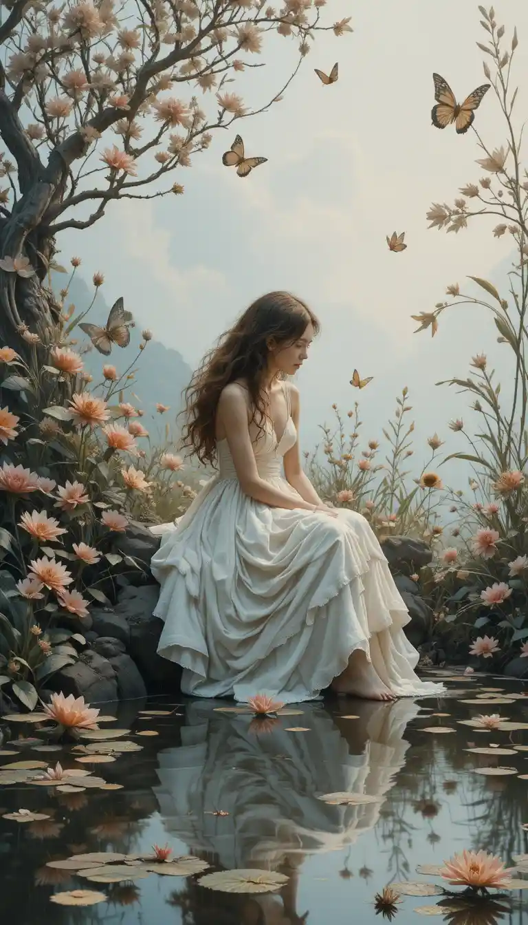 Teenage girl by a pond gazing at her reflection