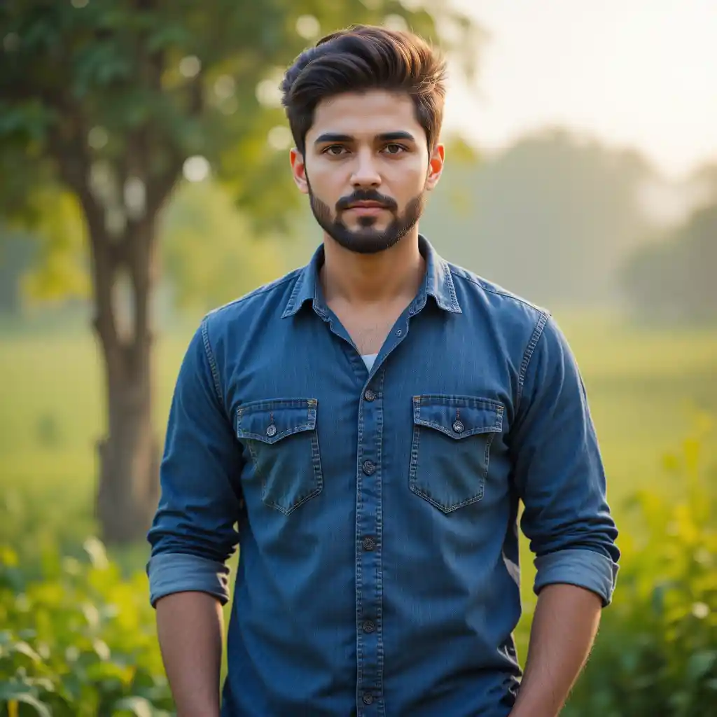 Garoto de camisa e jeans em pé entre paisagem montanhosa