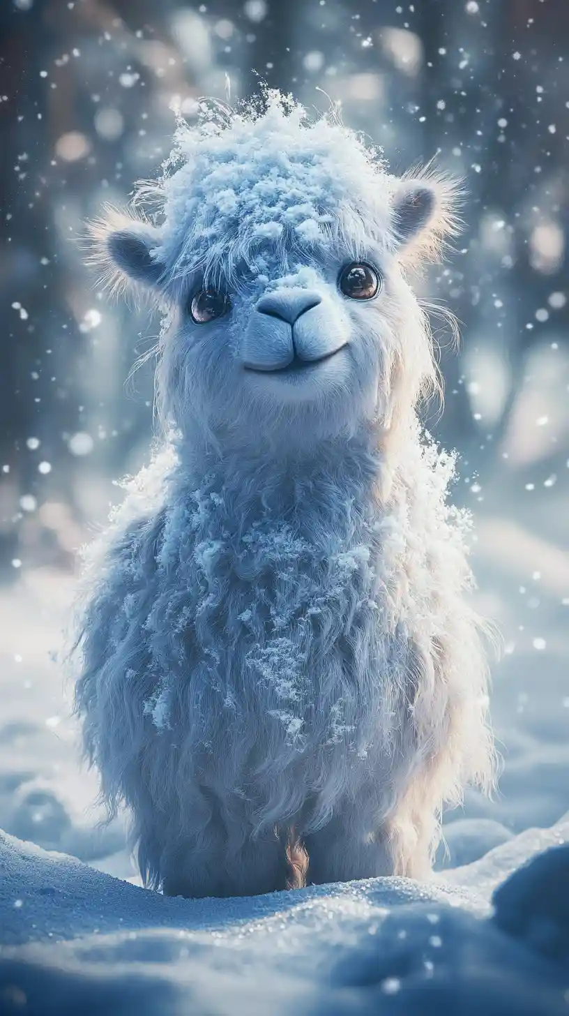 Joyful fluffy fantasy creature in snowy winter landscape