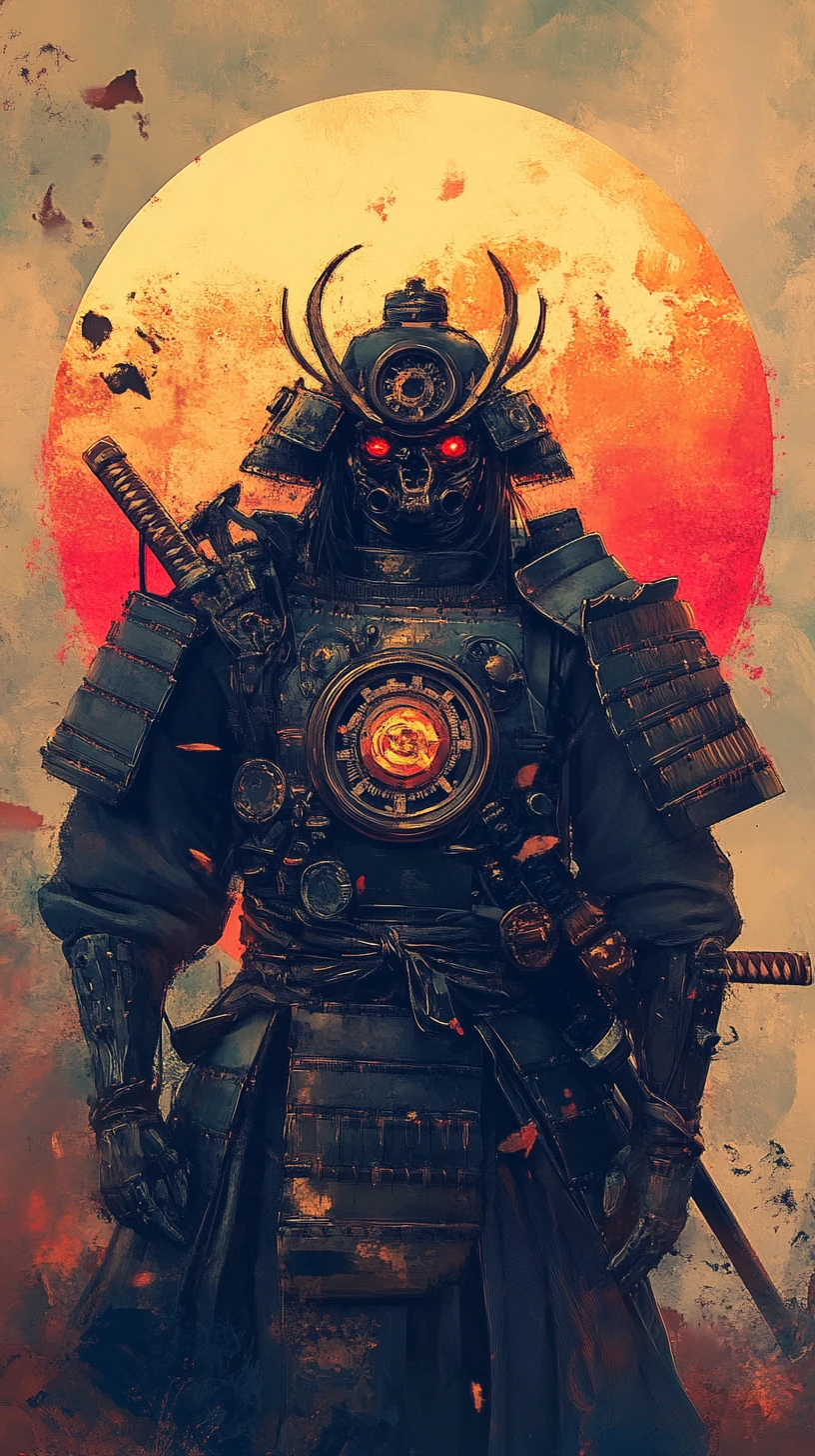 Samurai mecânico steampunk guardando um pôr do sol em chamas