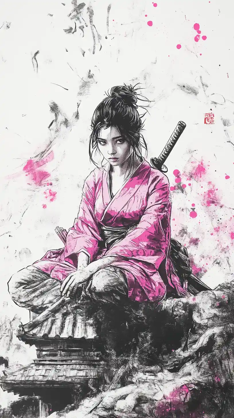 Giovane samurai donna in kimono rosa tra le rovine di un tempio