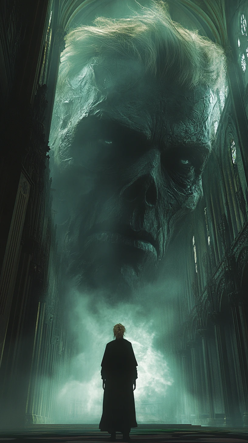 Ominous priestly figure emerging from a moonlit gothic church