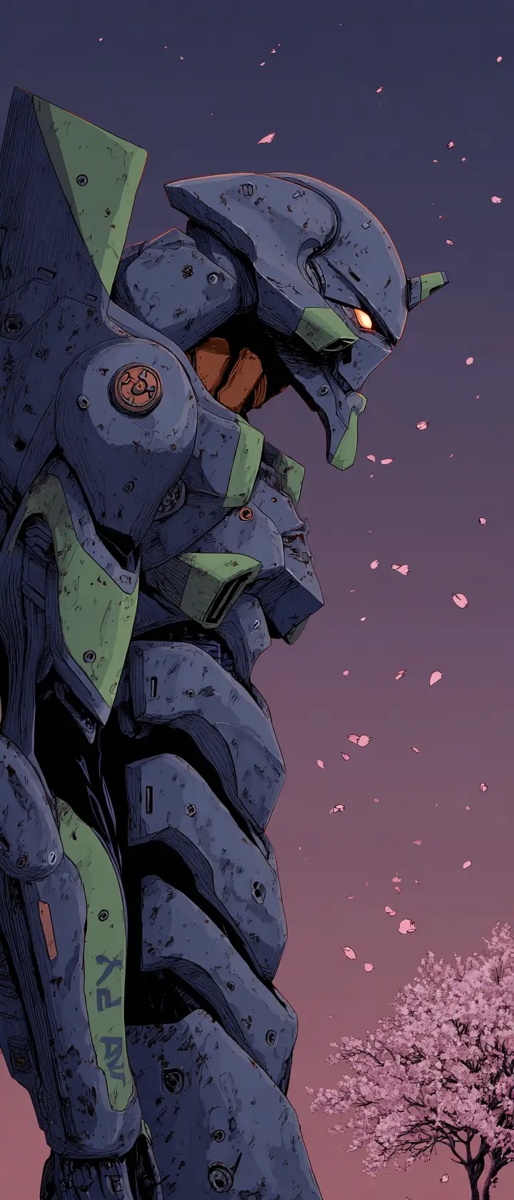 Kampfnarbender Mecha neben einsam weinender Sakura