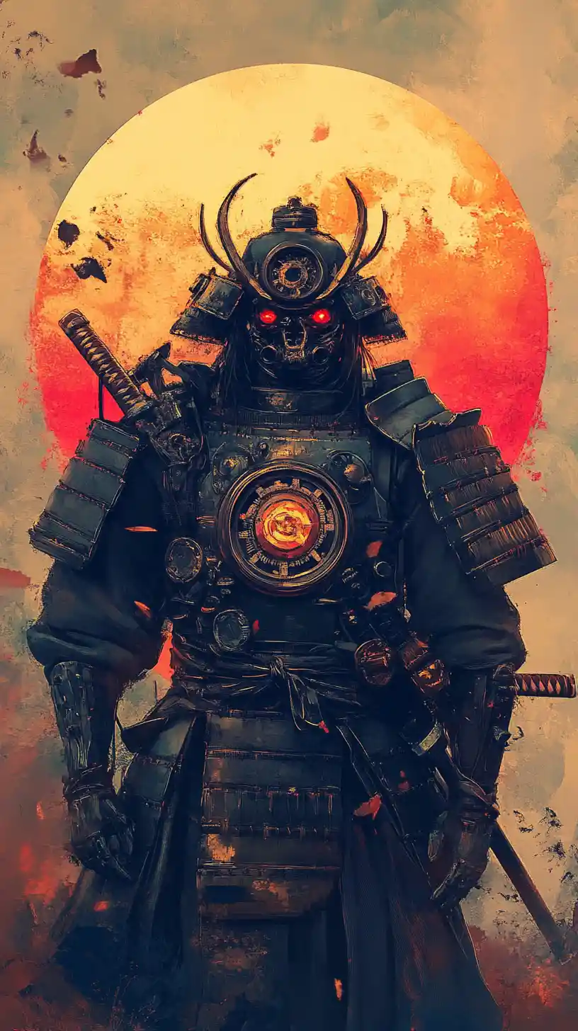 Samurái mecánico steampunk que protege un atardecer ardiente