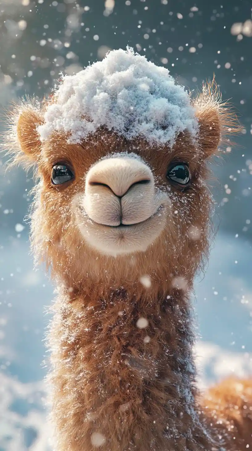 Fröhliches, flauschiges Wesen in verschneiter Winterlandschaft