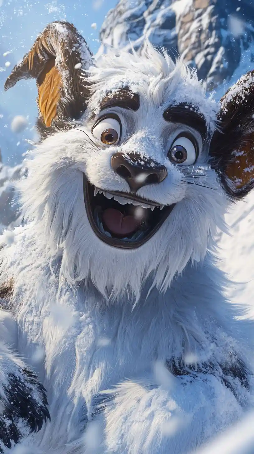 在雪白山景上快樂翱翔的飛行野牛