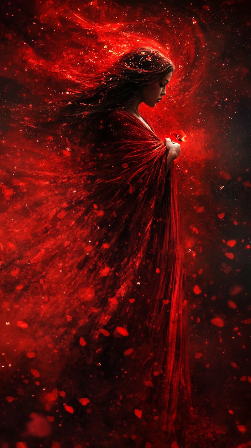 Coração vermelho abstrato pulsando com ecos de amor e guerra