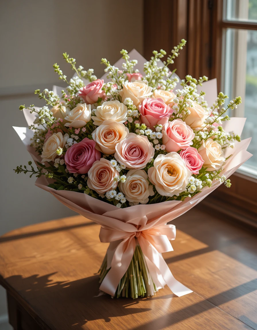 Eleganter Blumenstrauß auf Holztisch am sonnendurchfluteten Fenster