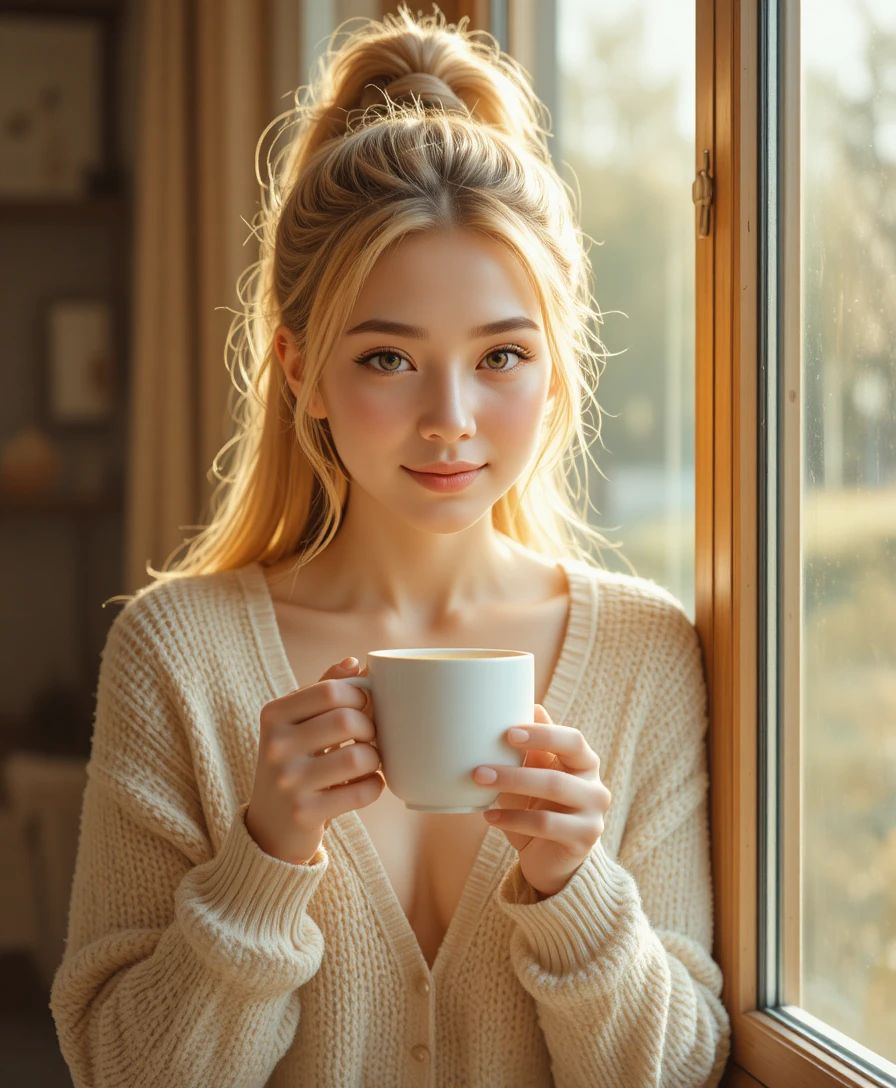 Accogliente donna bionda con caffè accanto a una finestra illuminata dal sole