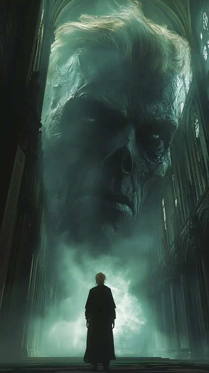 Ominous priestly figure emerging from a moonlit gothic church