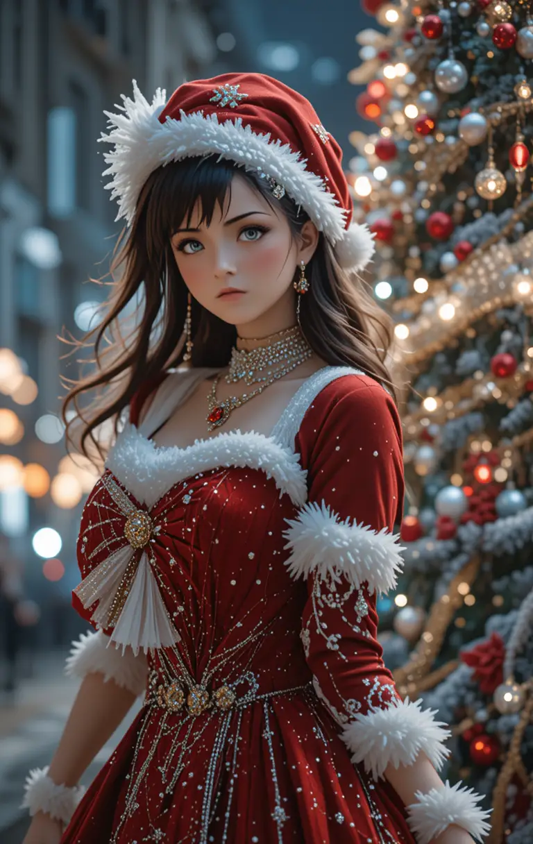 Festive woman in red Santa outfit beside glowing tree