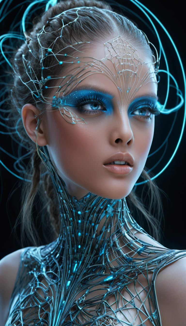 Futuristische weibliche Androidin mit leuchtender neuronaler Energieaura