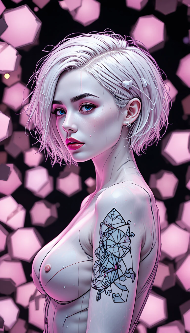 Donna futuristica con tatuaggio su sfondo rosa esagonale