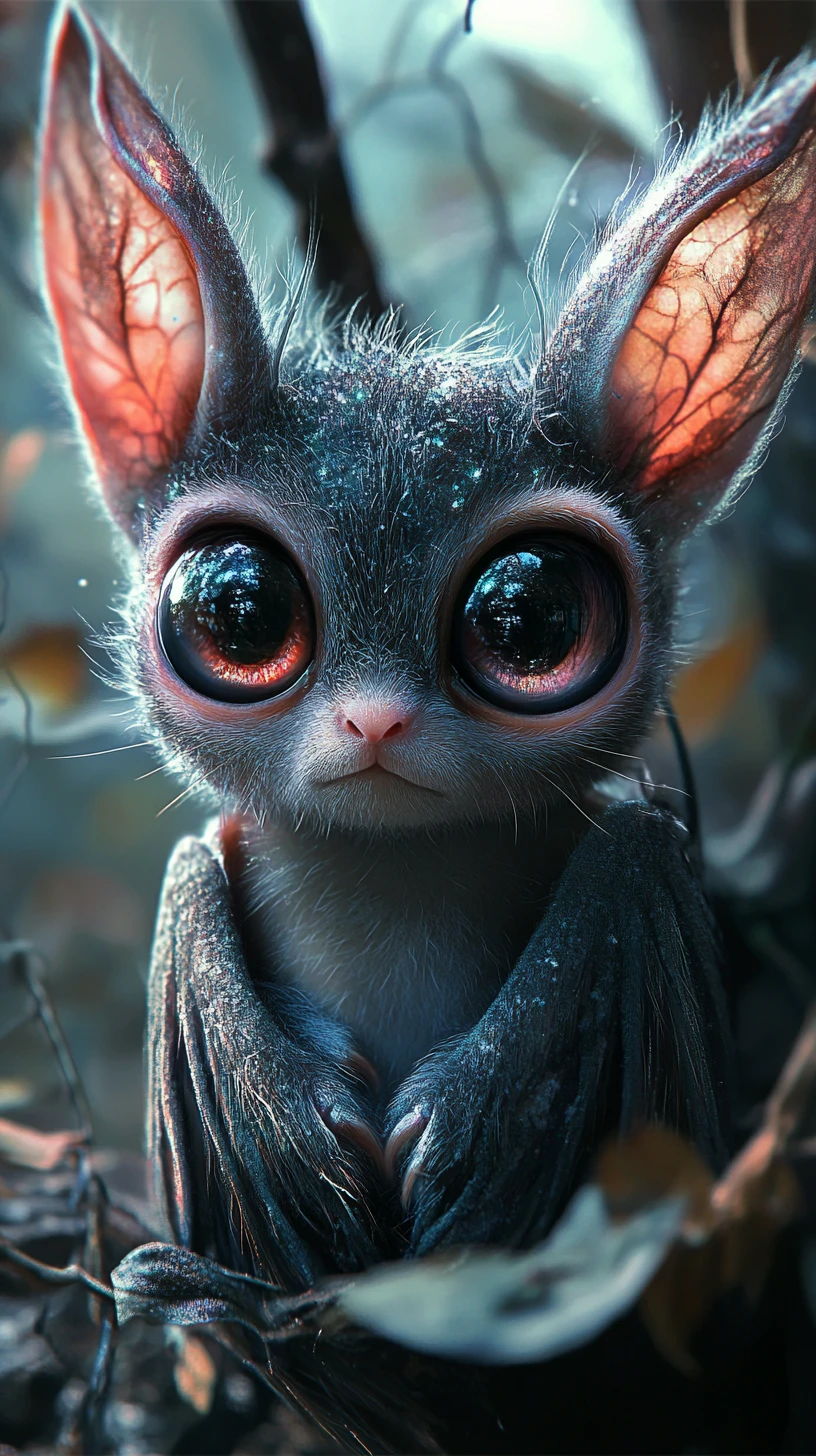 Surreal baby animal with shimmering gradient eyes in foreground
