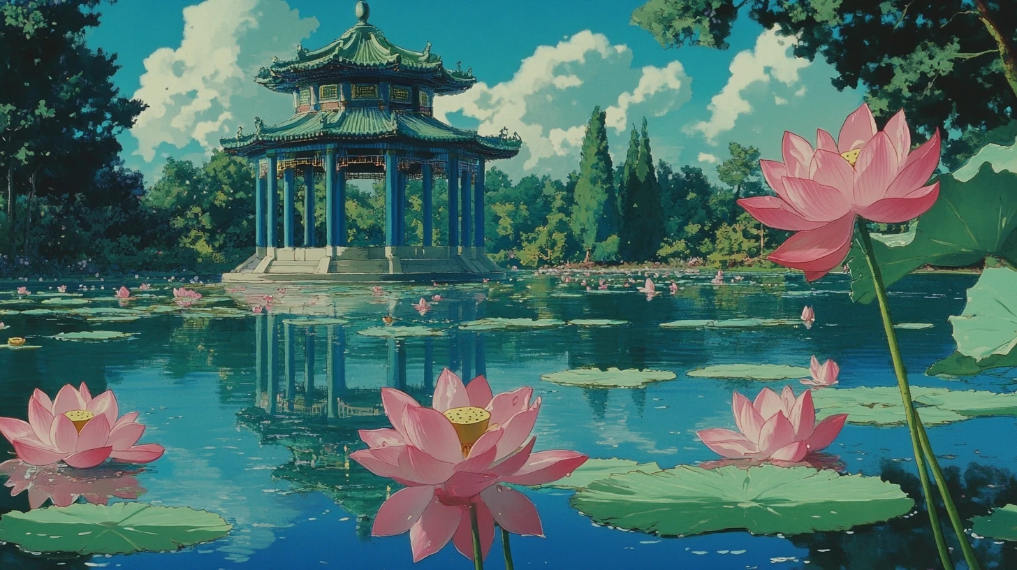 Lago de jardim tranquilo com flores de lótus e pavilhão
