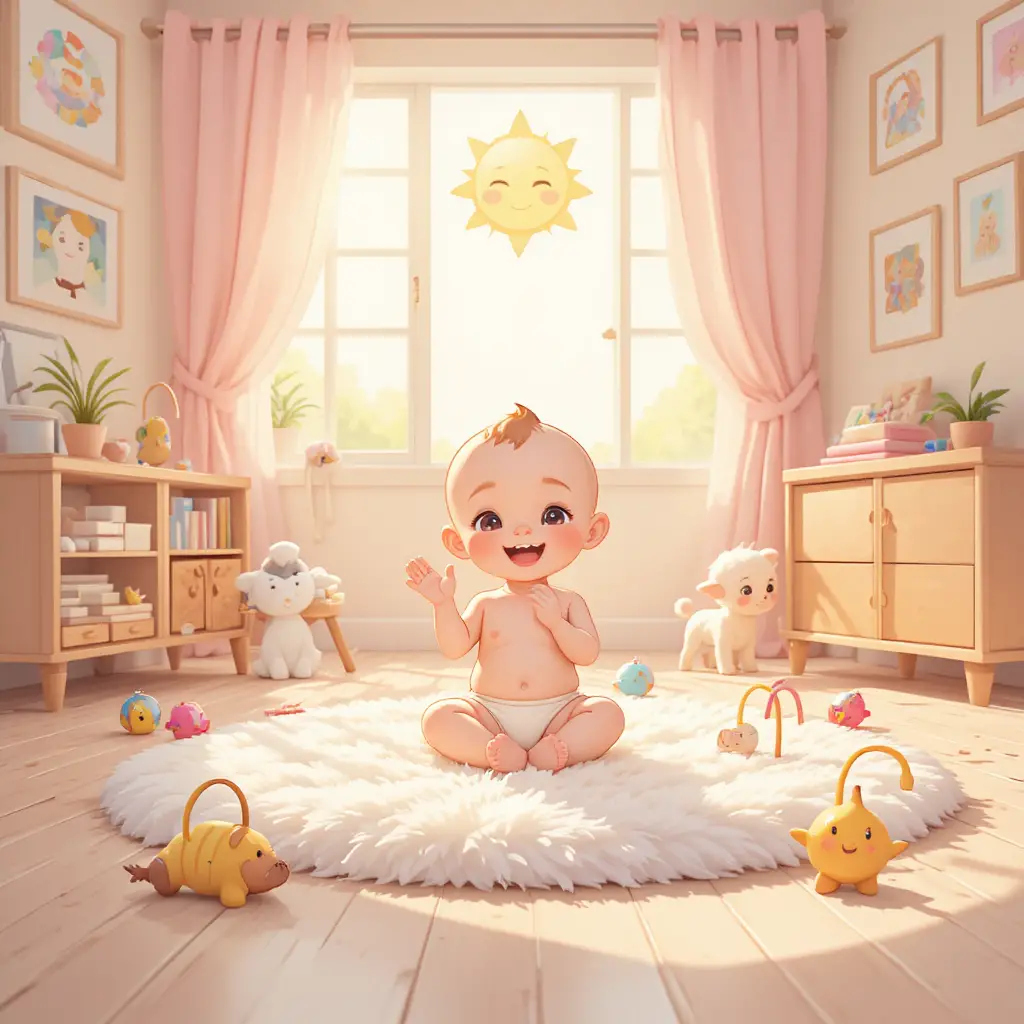 Bebê sorridente brincando em um tapete em um berçário ensolarado
