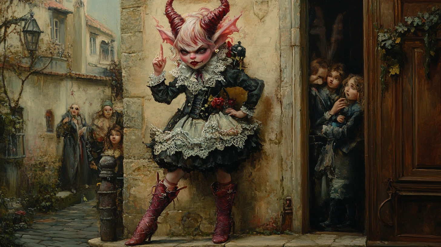 Baroque painting of a tiny impish she devil in a house corner