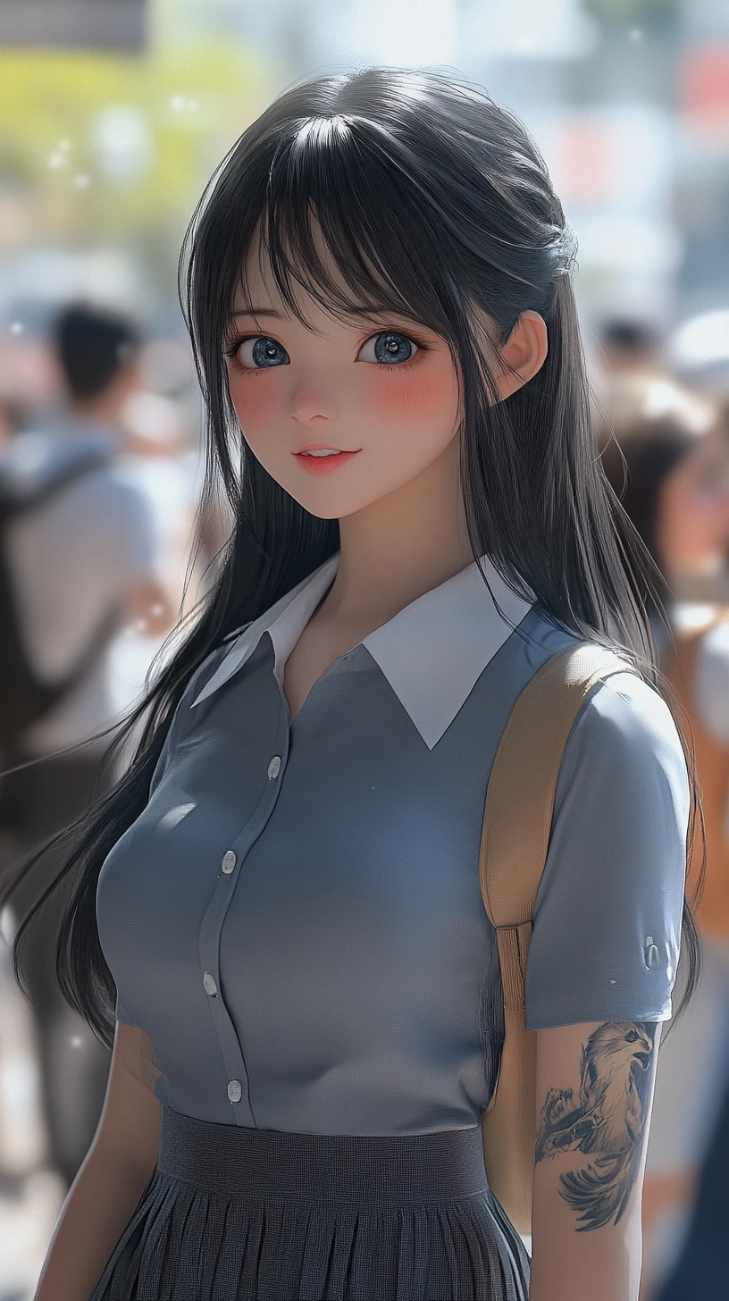 Tattooed anime schoolgirl smiling with friends in classroom