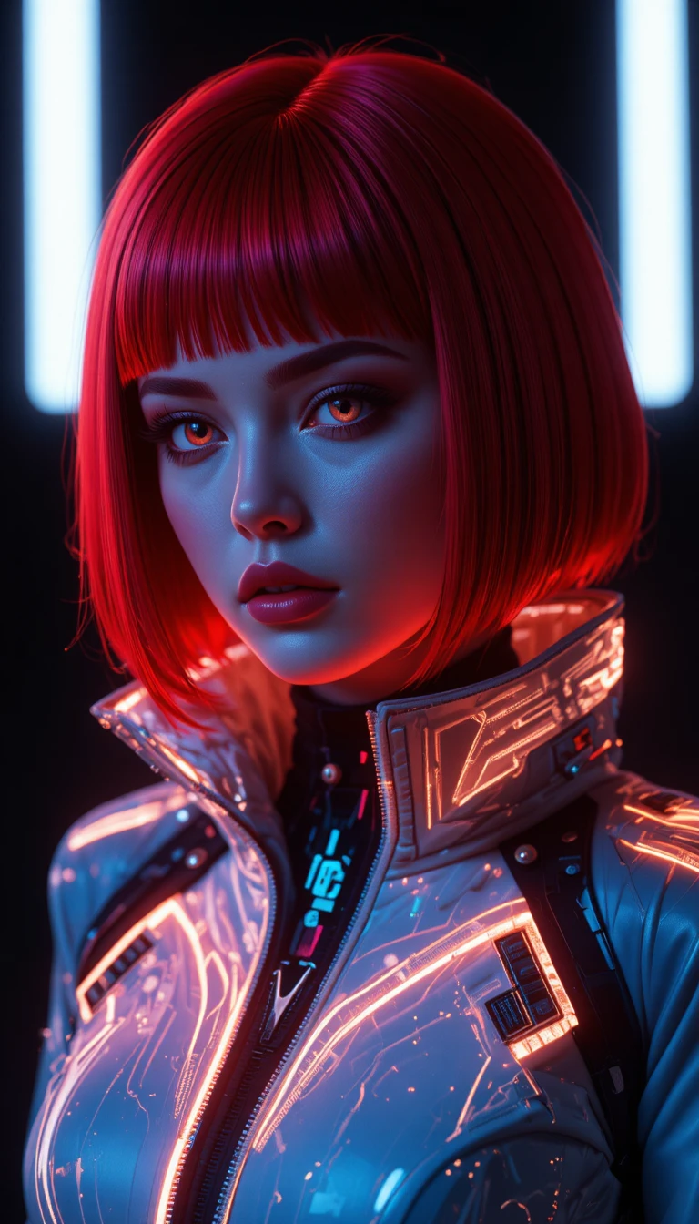 Avatar femminile dai capelli rosso neon con occhi luminosi – ritratto