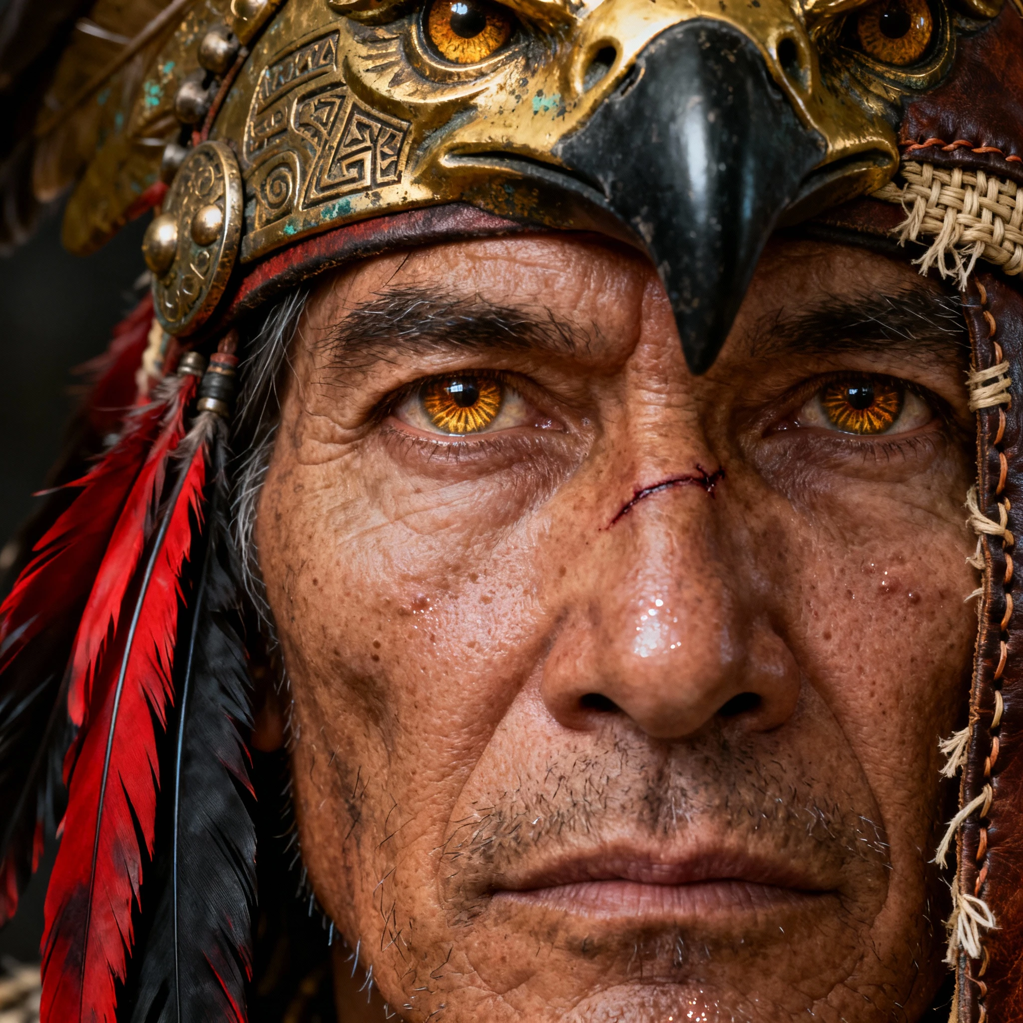 Retrato em close extremo de um guerreiro tribal indiano