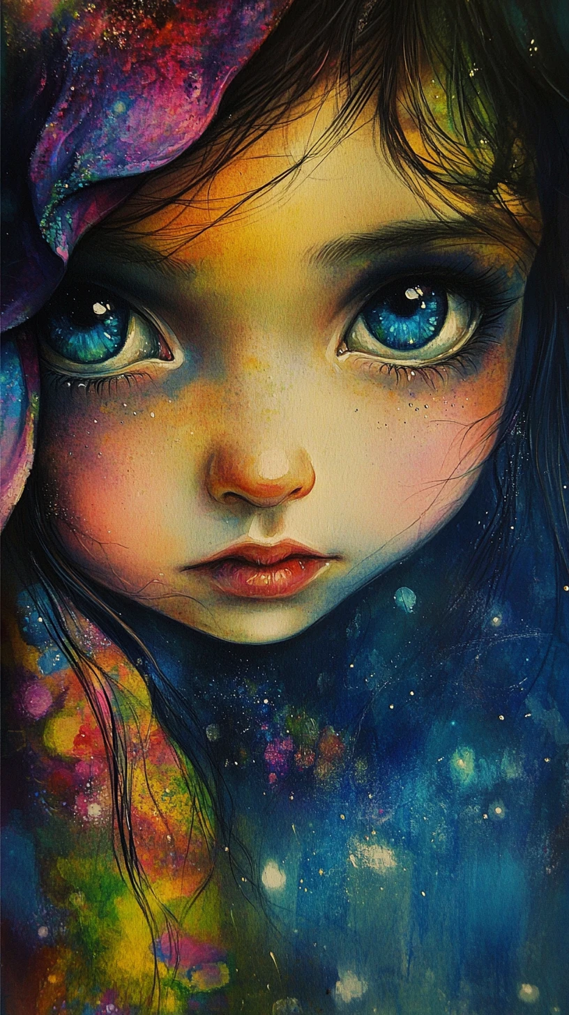Baby animal portrait with glowing gradient eyes and sparkles