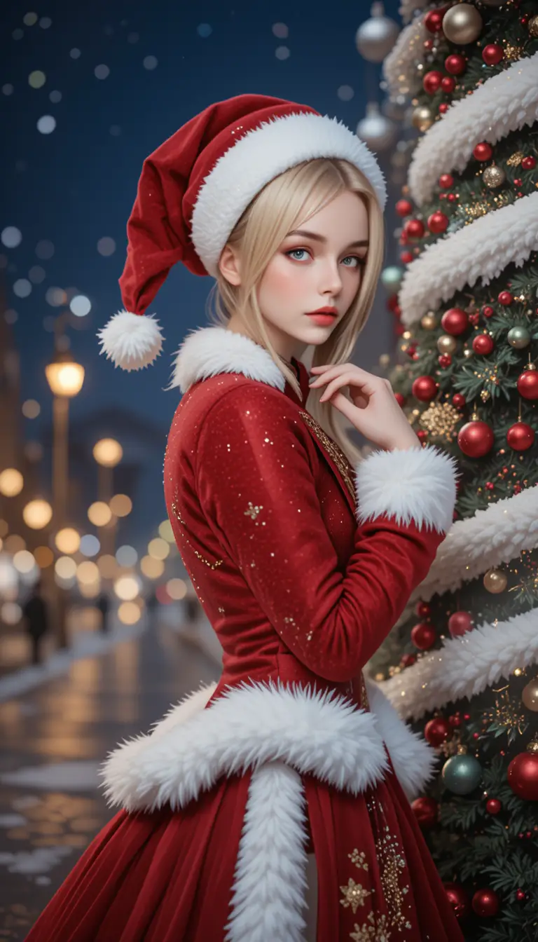 Festive woman in red Santa outfit beside glowing Christmas tree