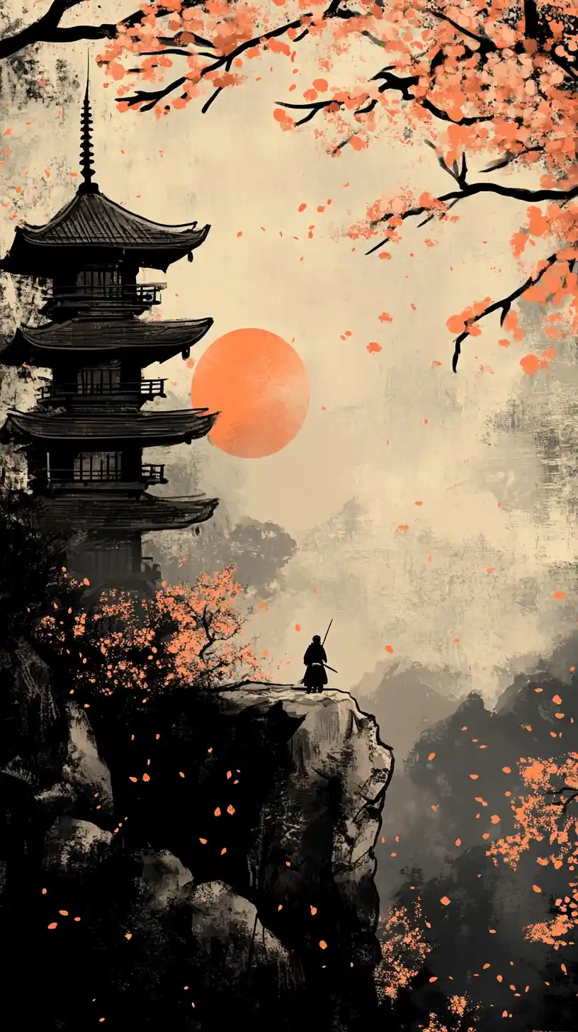 Samurai blickt auf Pagode an friedlicher Klippe bei der Abenddämmerung