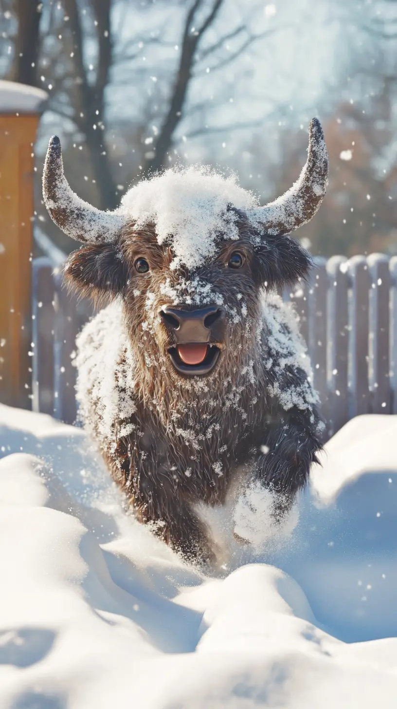 Créature de bison duveteuse et enjouée dans un jardin couvert de neige profonde