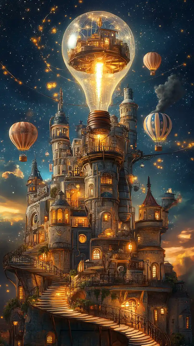 Whimsical city rising from a giant glowing lightbulb