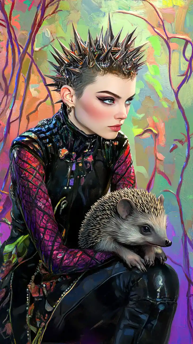 Fantasy woman holding a hedgehog in a rainbow dreamscape