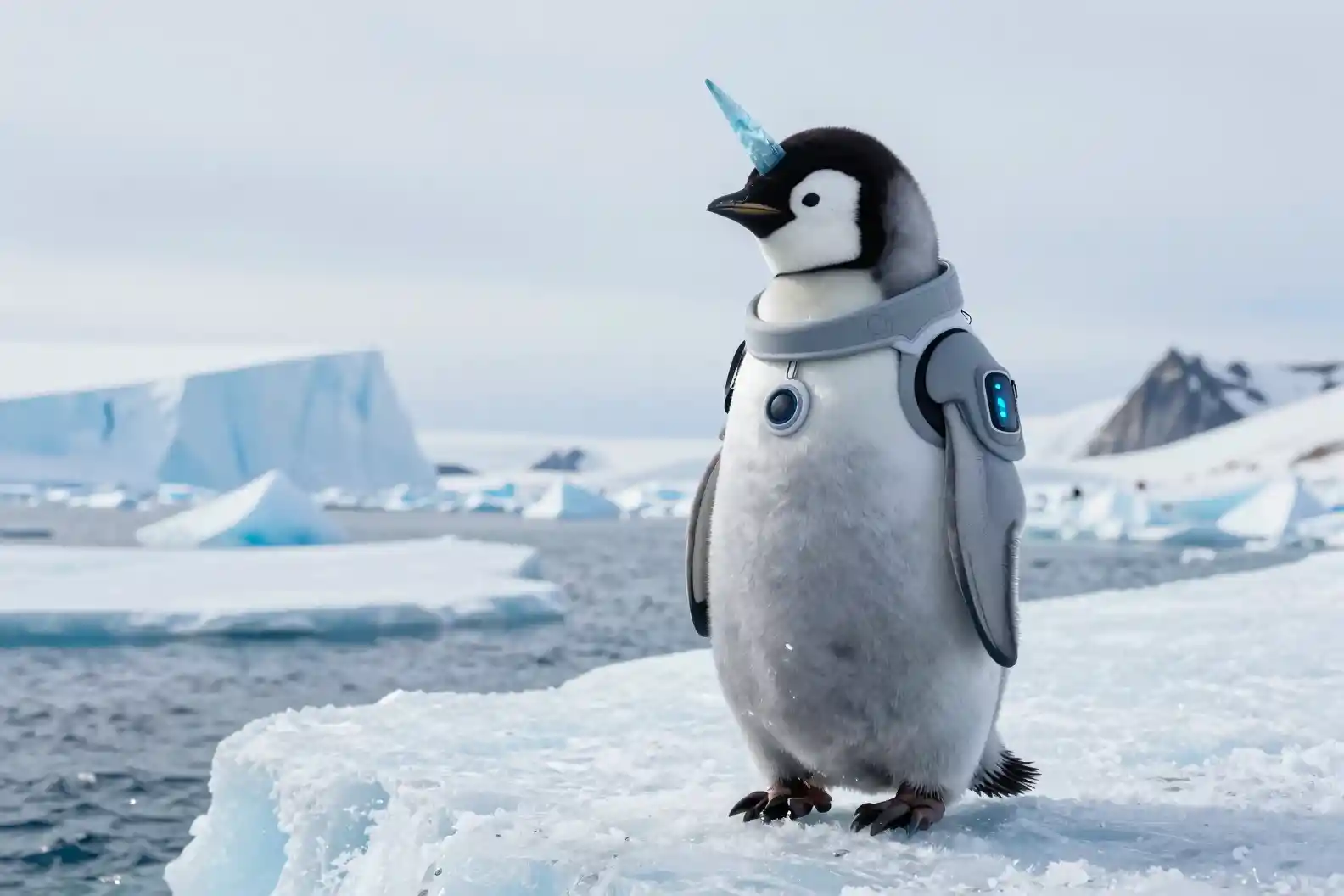 Pulcino di pinguino unicorno in tuta nano su banchisa artica