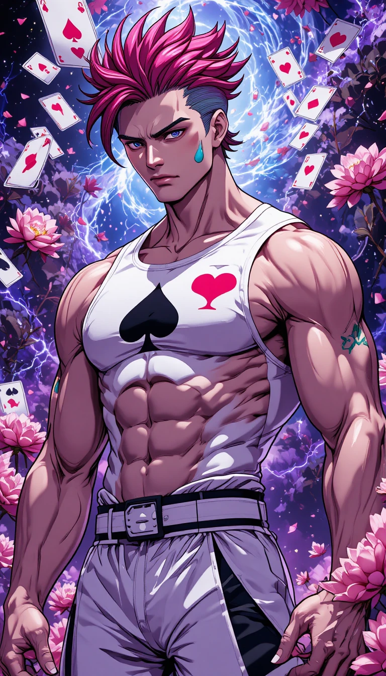 Lutador de anime musculoso com cartas e nébula de lótus