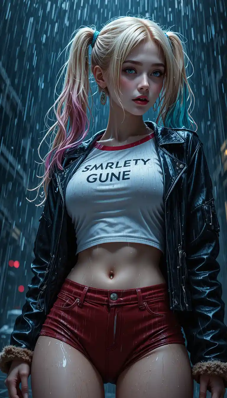 Anime woman in rain with wet leather jacket and pigtails