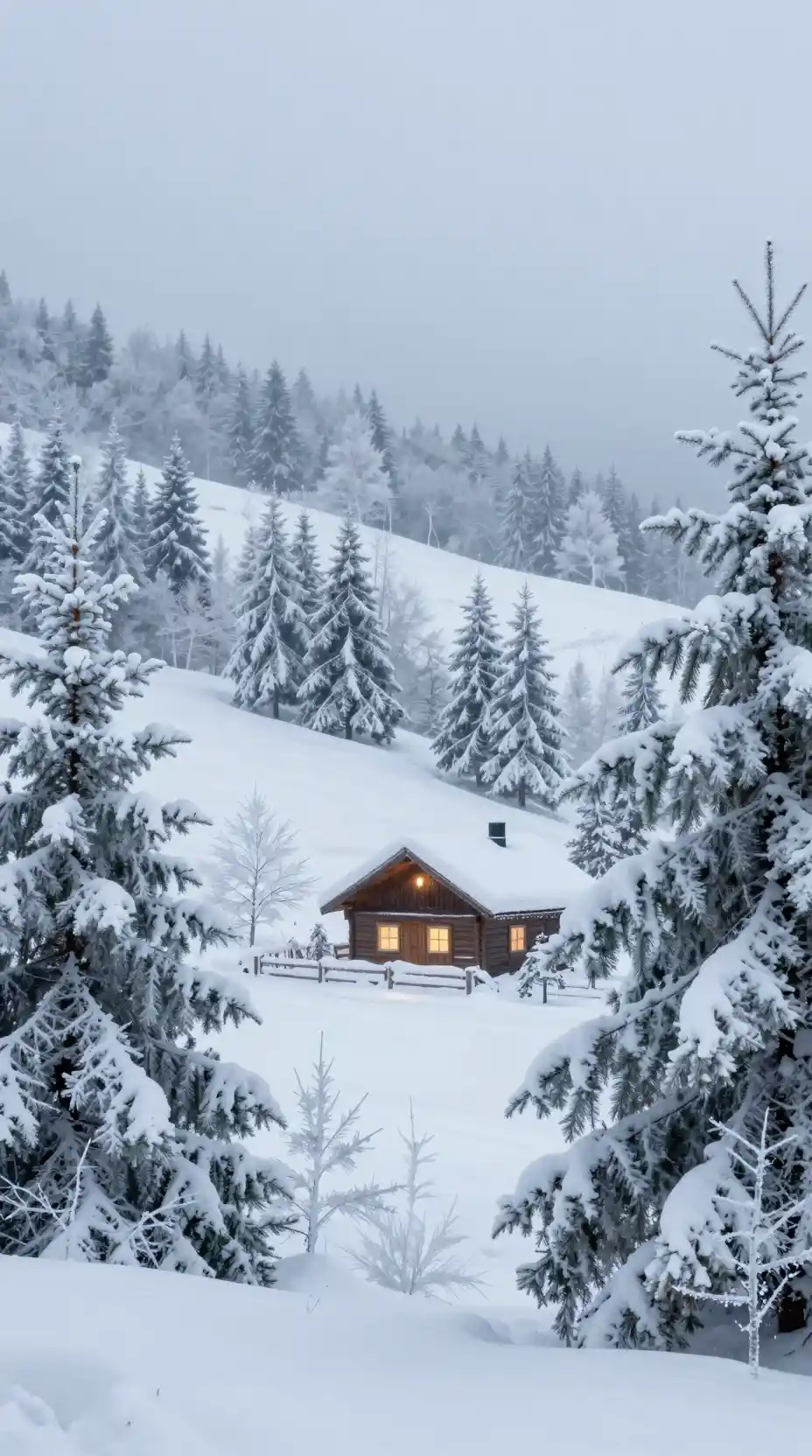Collines forestières enneigées avec un chalet illuminé à Noël