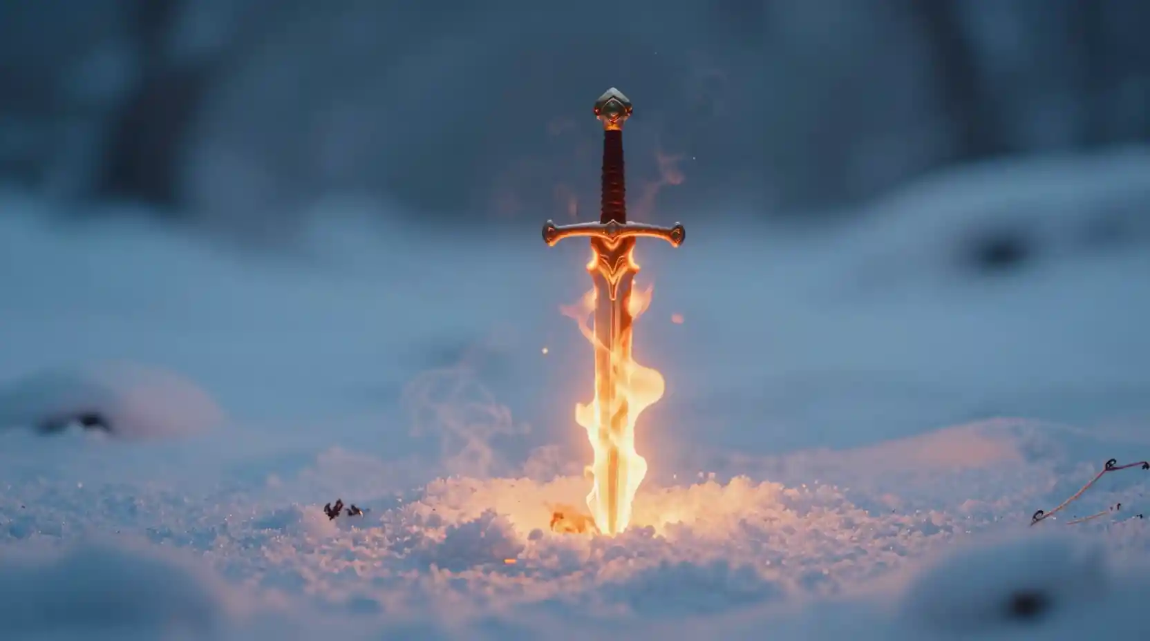 Épée de feu plantée dans la neige fraîche d’hiver au crépuscule