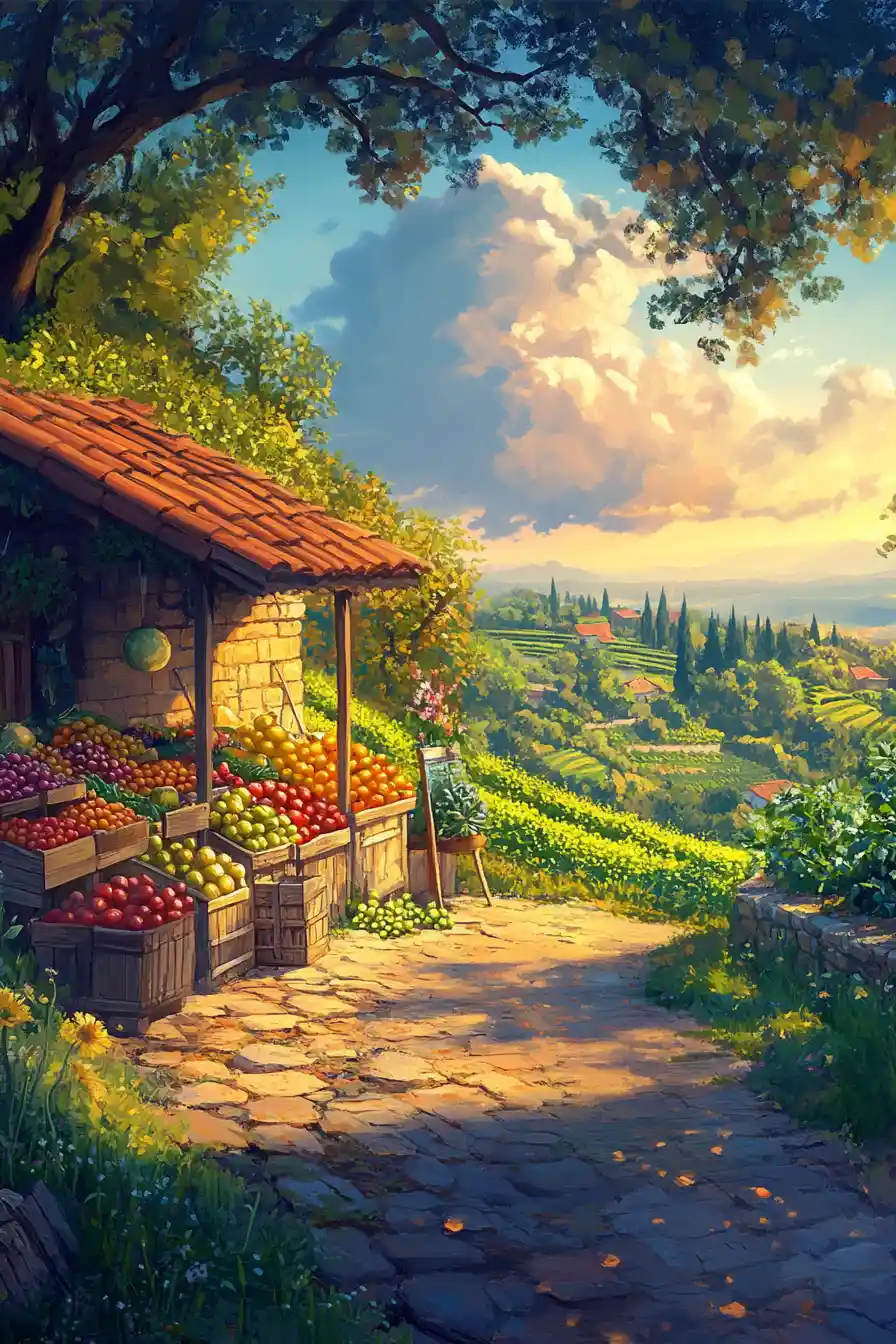 Country roadside fruit stand at sunset in rolling farmland
