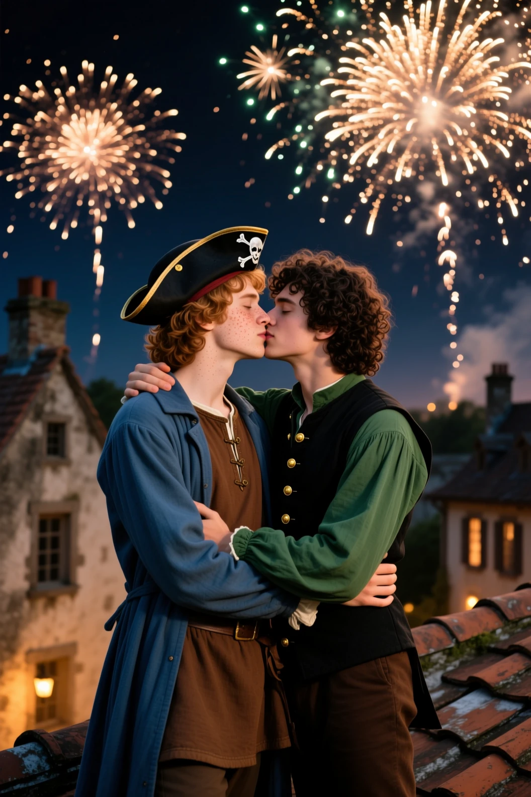 Dois jovens se beijando em um terraço sob fogos de artifício