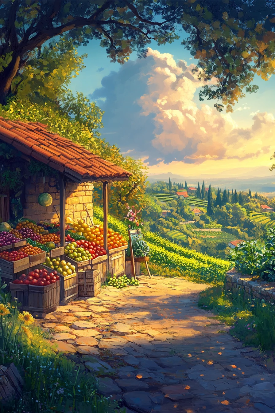 Chiosco di frutta lungo una strada di campagna al tramonto tra dolci colline