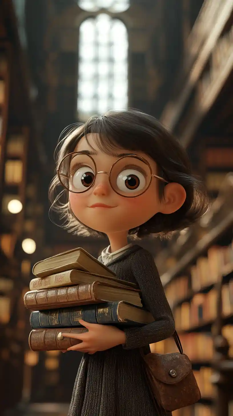 Curious little girl with books in a warm library